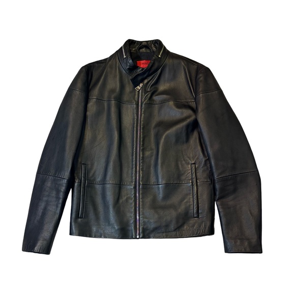 Hugo Boss Other - Hugo Boss mens S Small black solid 100% leather full zip jacket EuC